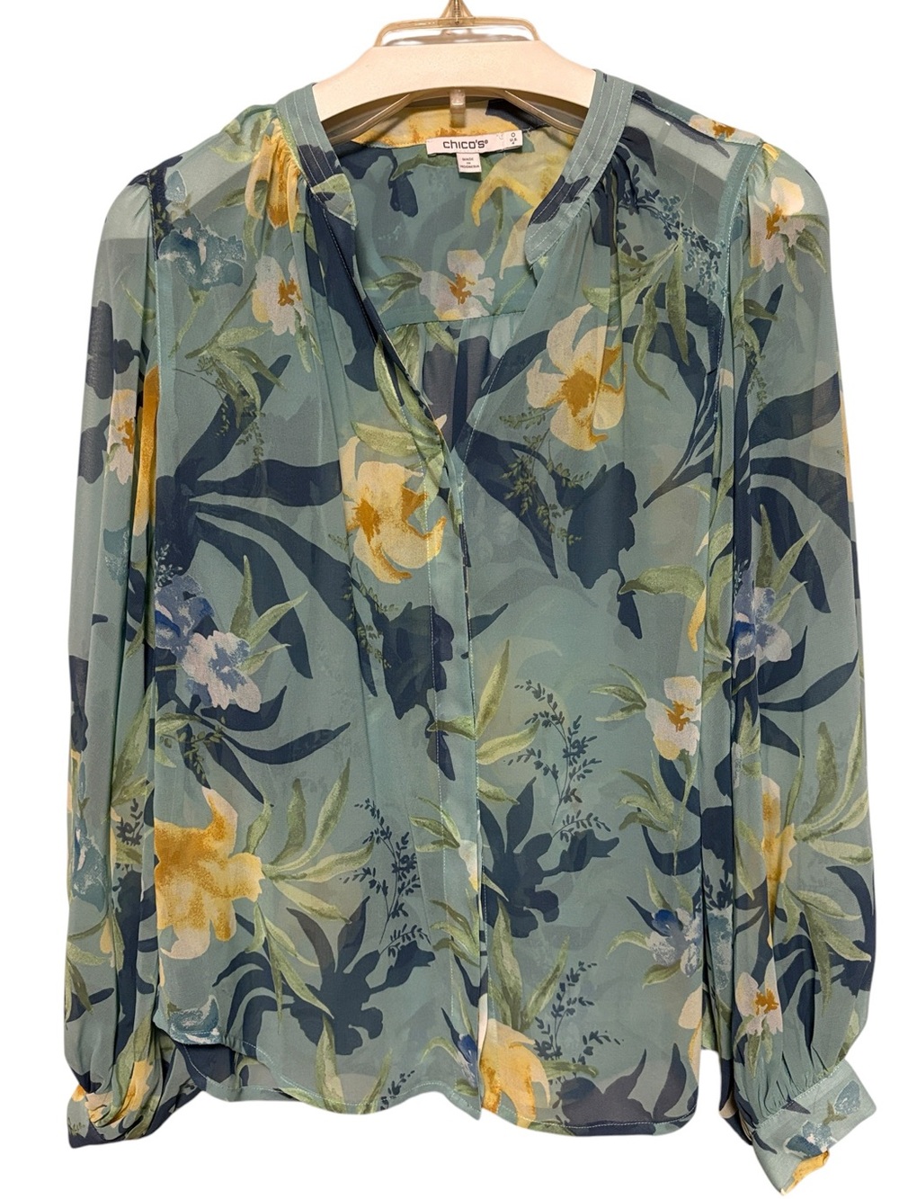 CHICO’S Floral Sheer Long Sleeve Blouse Blue Green Women’s US 4